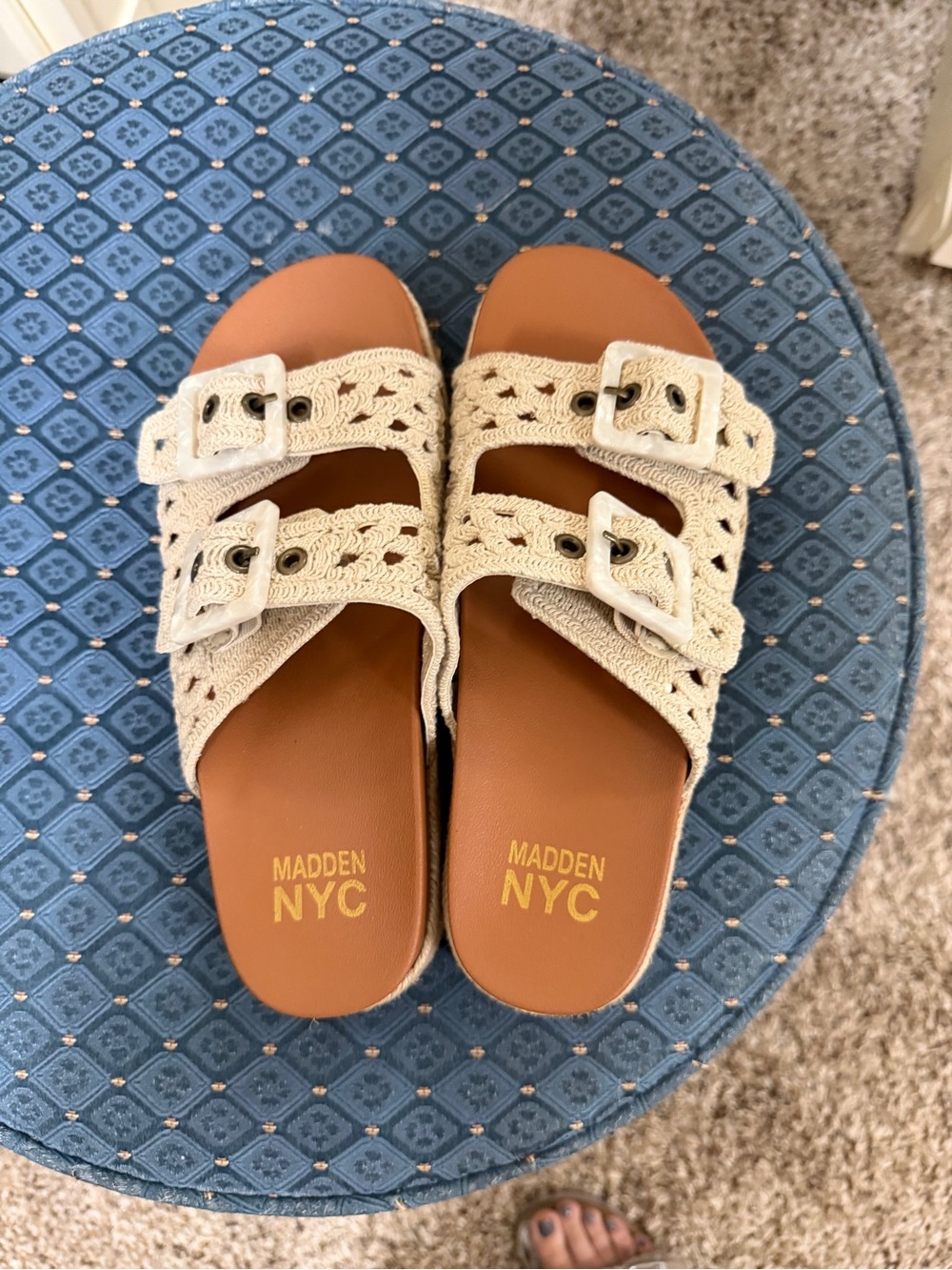 Madden NYC Crochet Buckle Slide Sandals in Beige size 8. Worn once